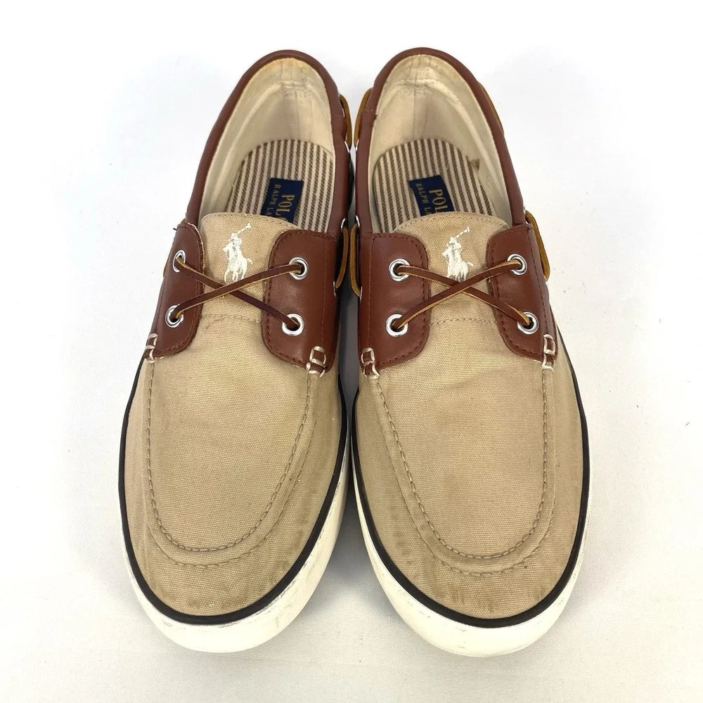 Polo Ralph Lauren Rylander Boat Shoes Beige Canvas Leather Mens 12D